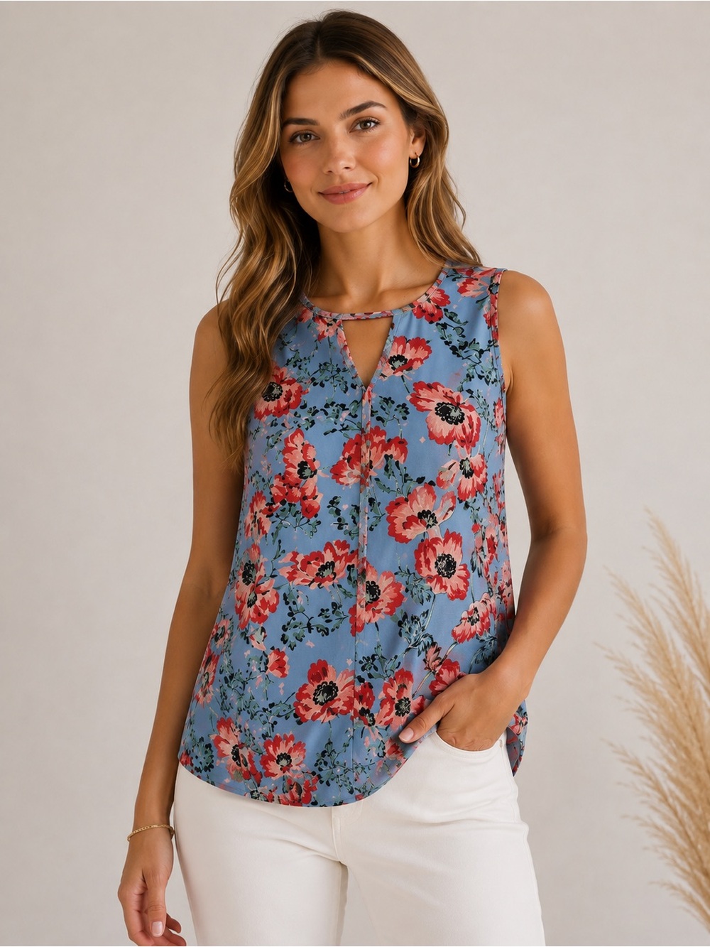 C&E Blue Floral Sleeveless Blouse
 Size Small